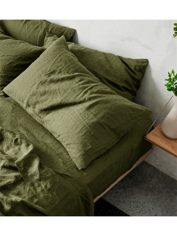Olive green Natural Linen Bedding Set with soft, comfortable texture