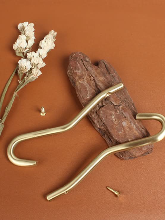 Minimalist brass wall hooks with screws on brown background, next to driftwood and white dried flowers.
