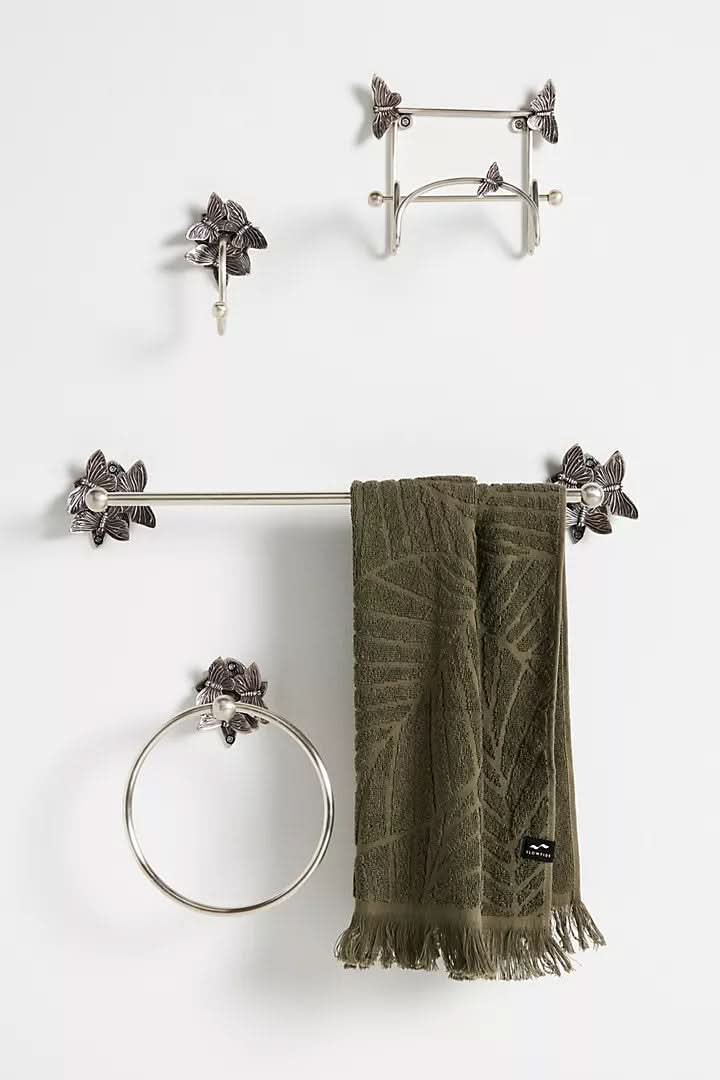 Butterfly-Design Wall-Mounted Bathroom Accessories Set in brushed nickel with decorative butterflies.