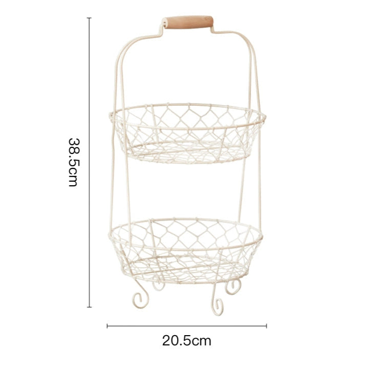 Two-tiered white wire fruit basket stand with wooden handle.  Rustic, vintage design.