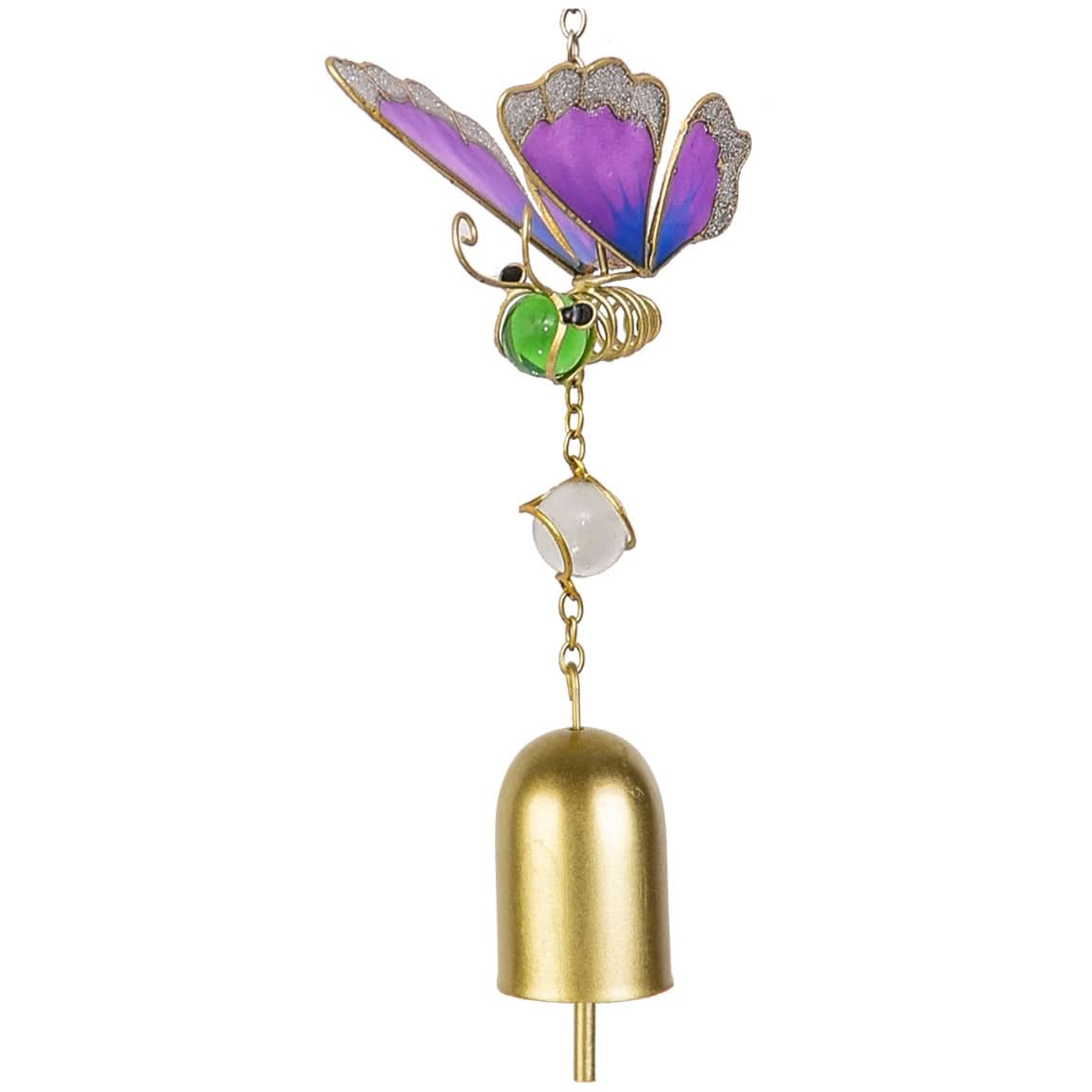 Purple and blue butterfly wind chime with green glass bead and gold bell on white background.
