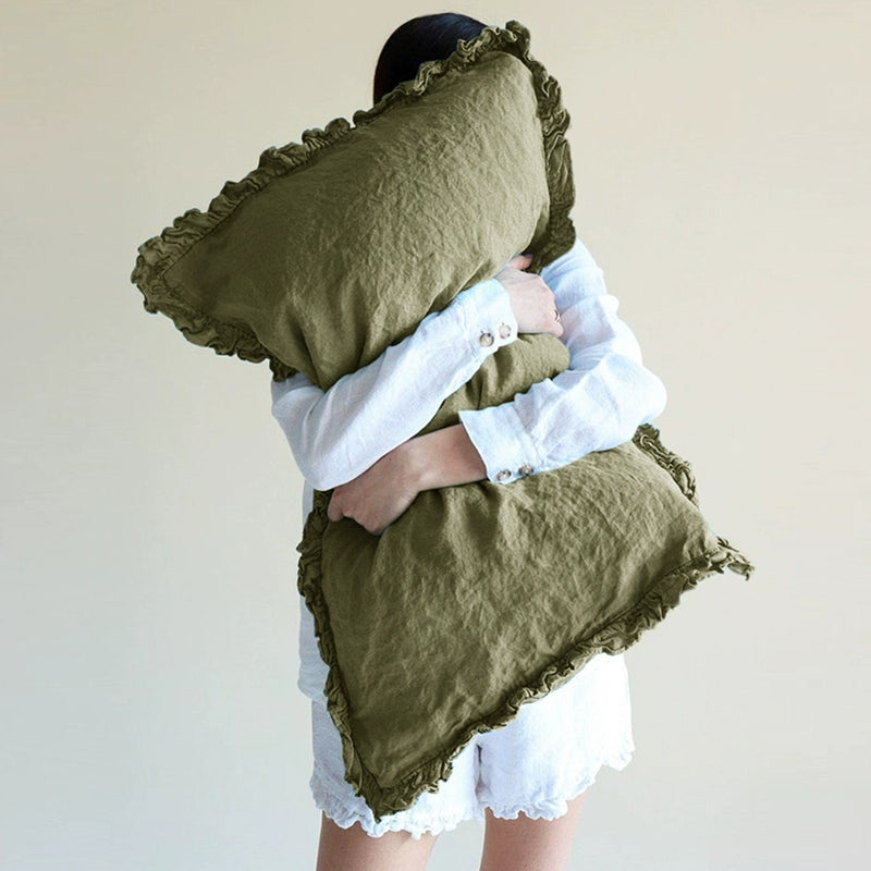 Green linen pillowcases with frills, rustic home decor set of 2