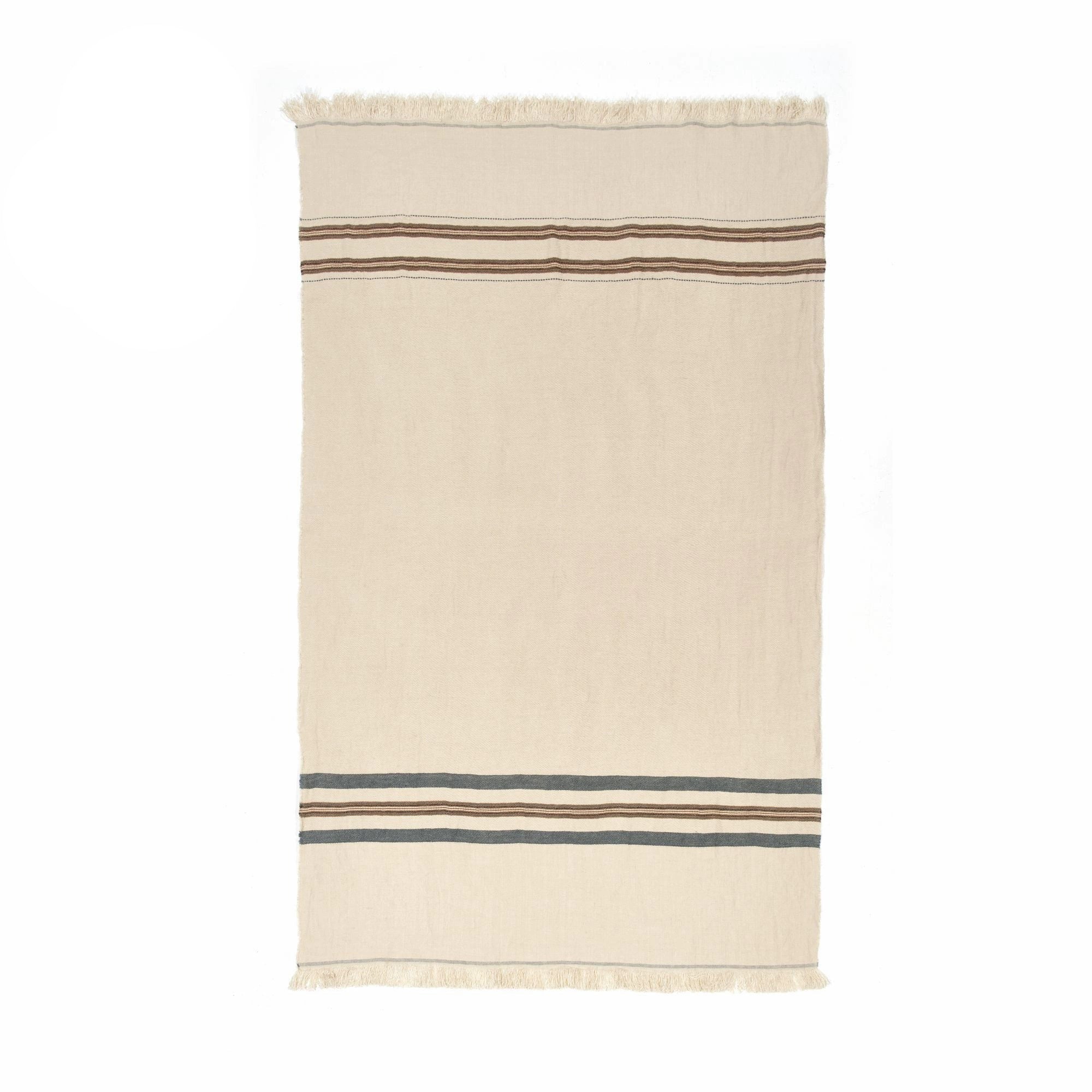 Cozy Striped Linen Throw Blanket in beige with brown & grey stripes, ideal for home decor.