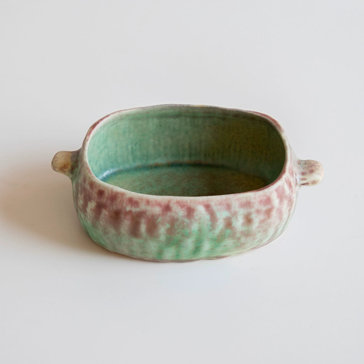 Green and rose hand-painted ceramic serving dish, part of a 5-piece set.