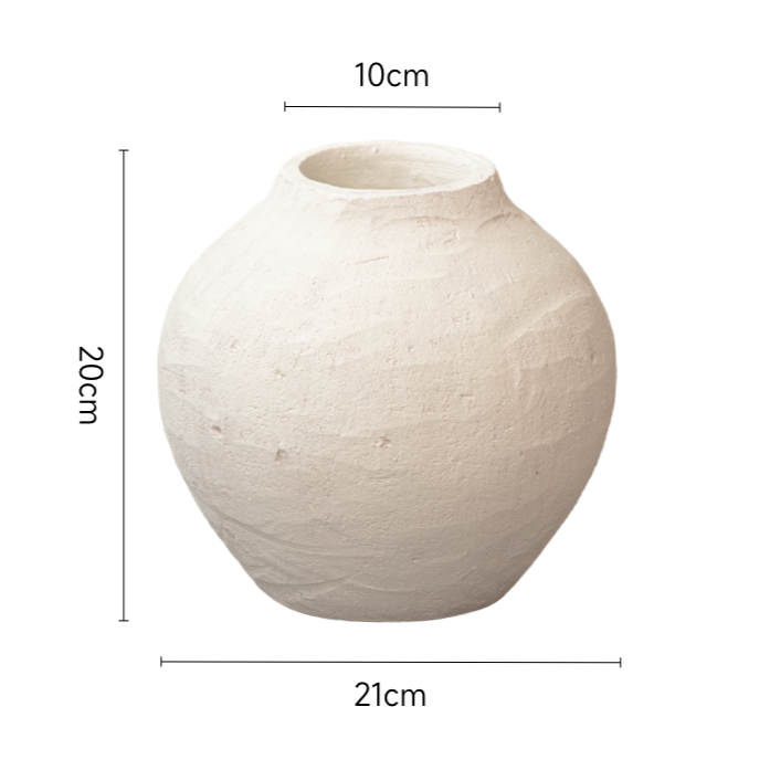 Two white terracotta-style vases, decorative, textured surface, 21cm wide.