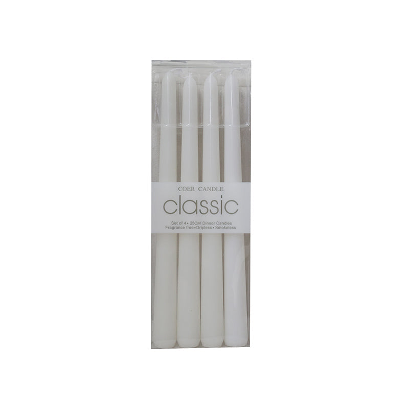 Set of 4 white classic dinner candles in packaging.