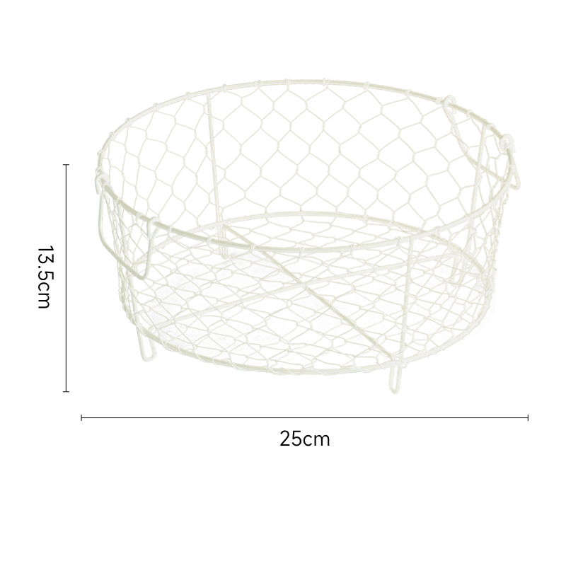 Beige wire dish basket with handles; round, chicken wire design; perfect for kitchen storage.