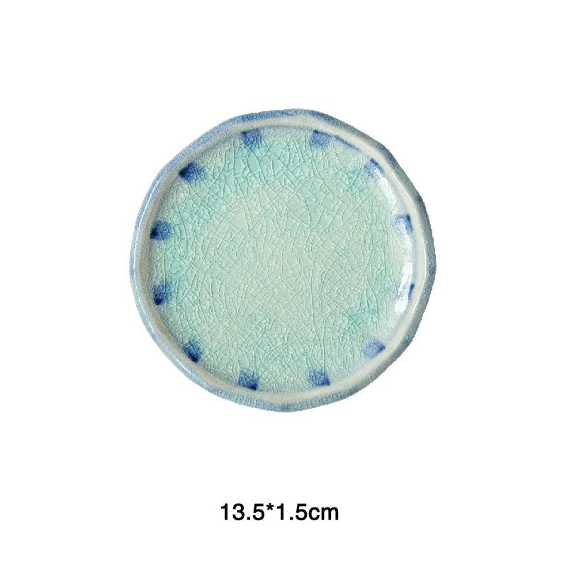 Blue and teal crackle glaze ceramic plate, stylish dinnerware.