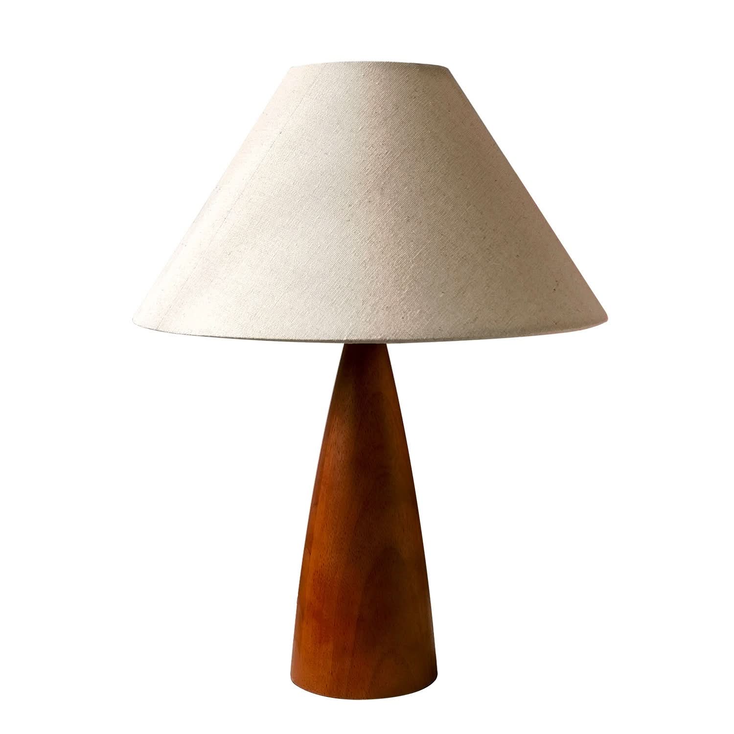 Wood Mid Century Table Lamp with natural linen shade and tapered wood base.