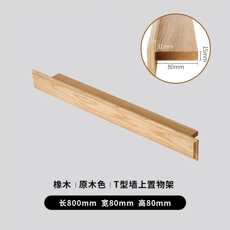 Oak T-shaped wall shelf, 800mm length, natural wood color, cross-section detail shown.