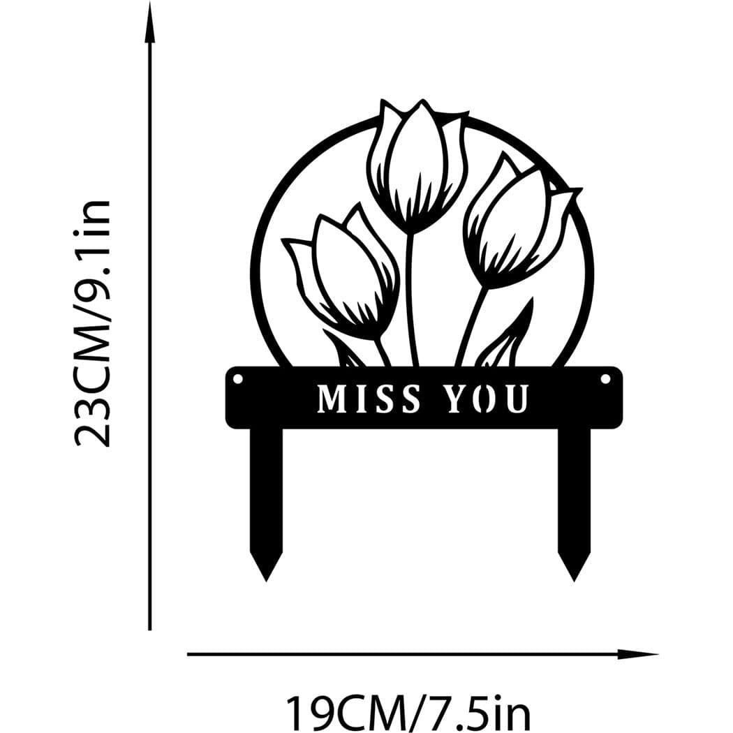 Customizable floral metal garden decor featuring tulips and "Miss You" text.