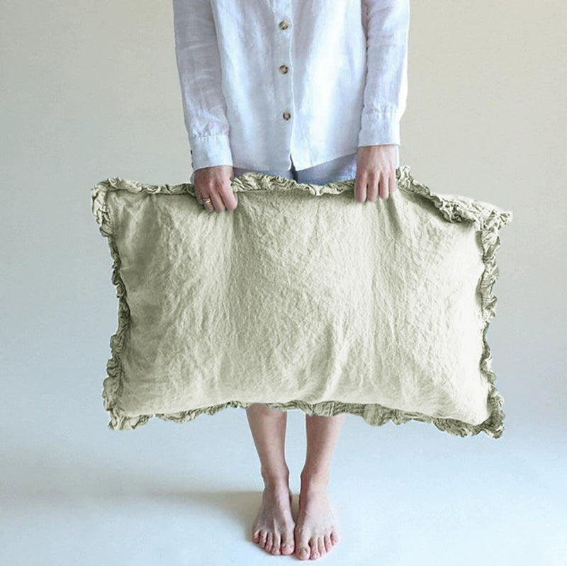 Soft sage Rustic Linen Pillowcases with Frills, set of 2, showing texture and ruffles.
