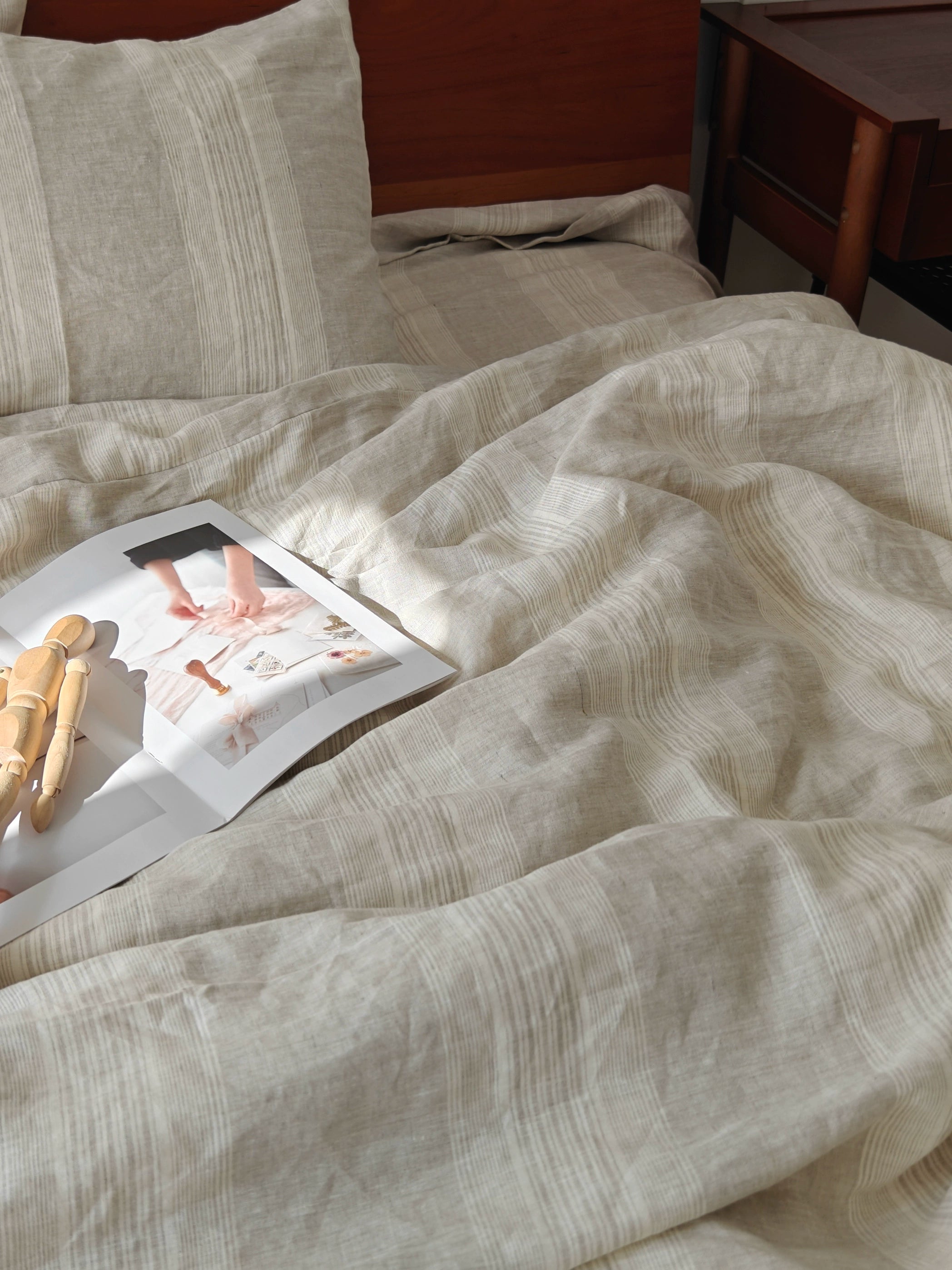 French Linen Striped Bedding Set: natural beige stripes on soft, luxurious linen.