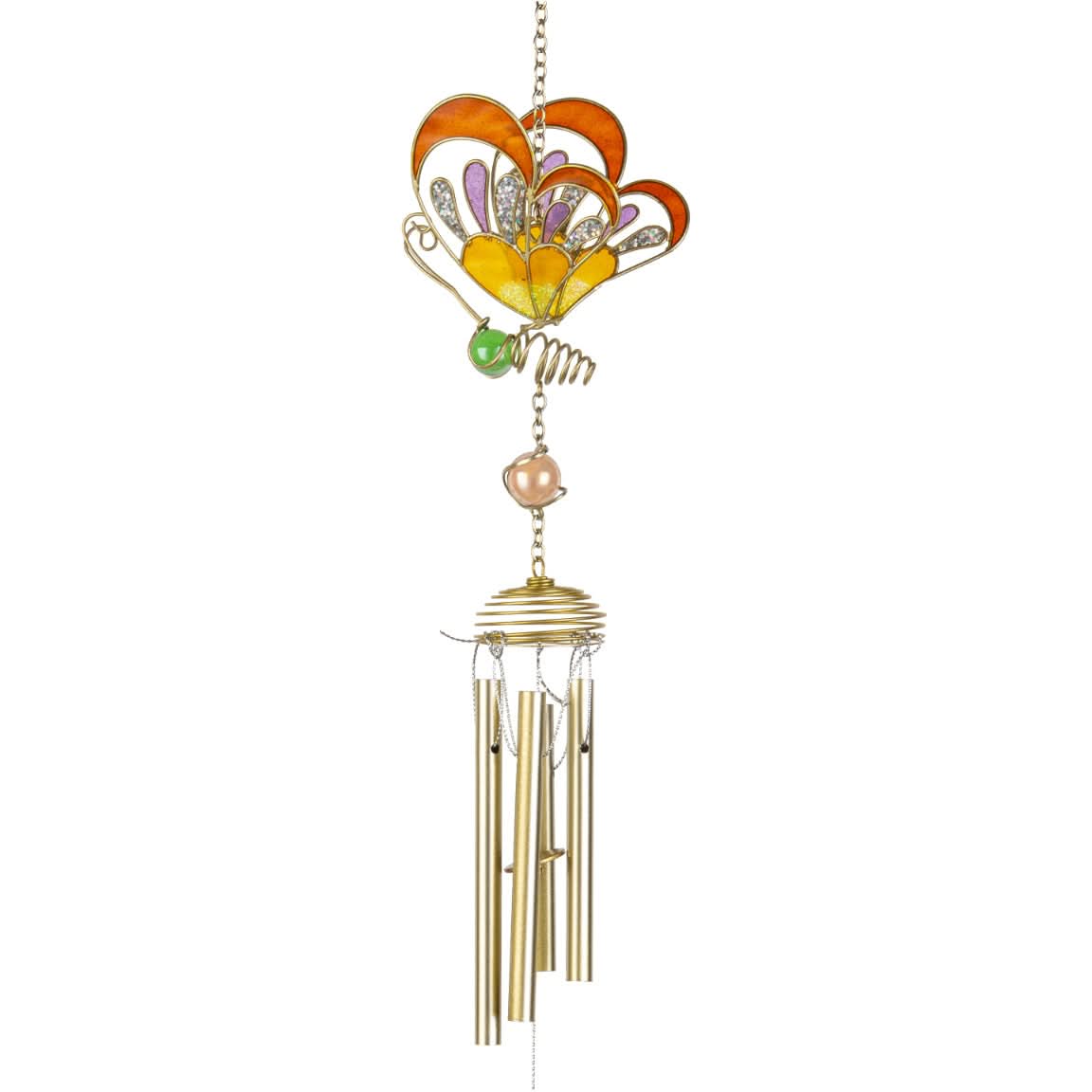Colorful butterfly wind chime with brass tubes and decorative beads, perfect home decor.