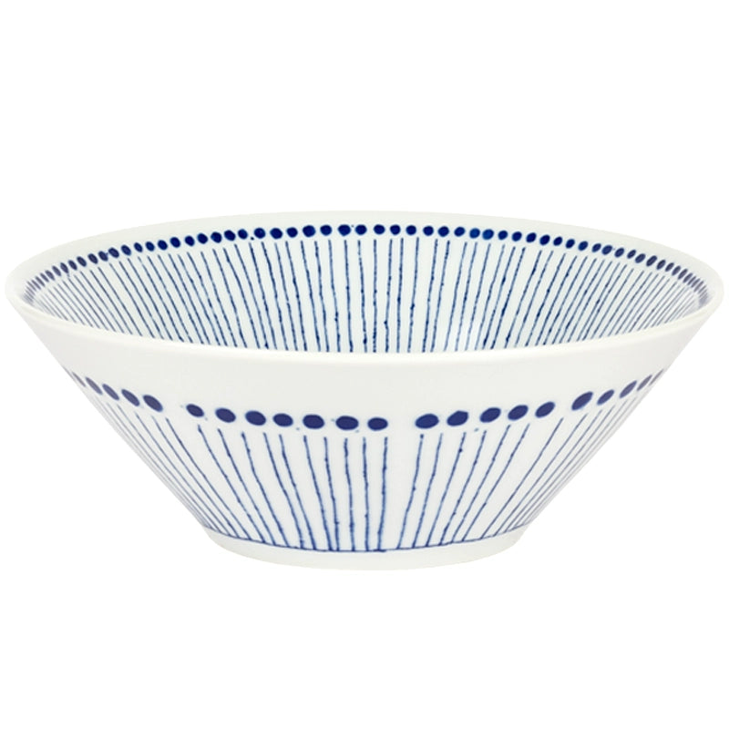 White ceramic bowl with blue dotted rim and vertical stripes, part of Blue & White Dotted Rim Dinnerware Set