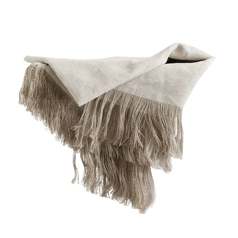 Natural beige linen table runner with fringes, home decor