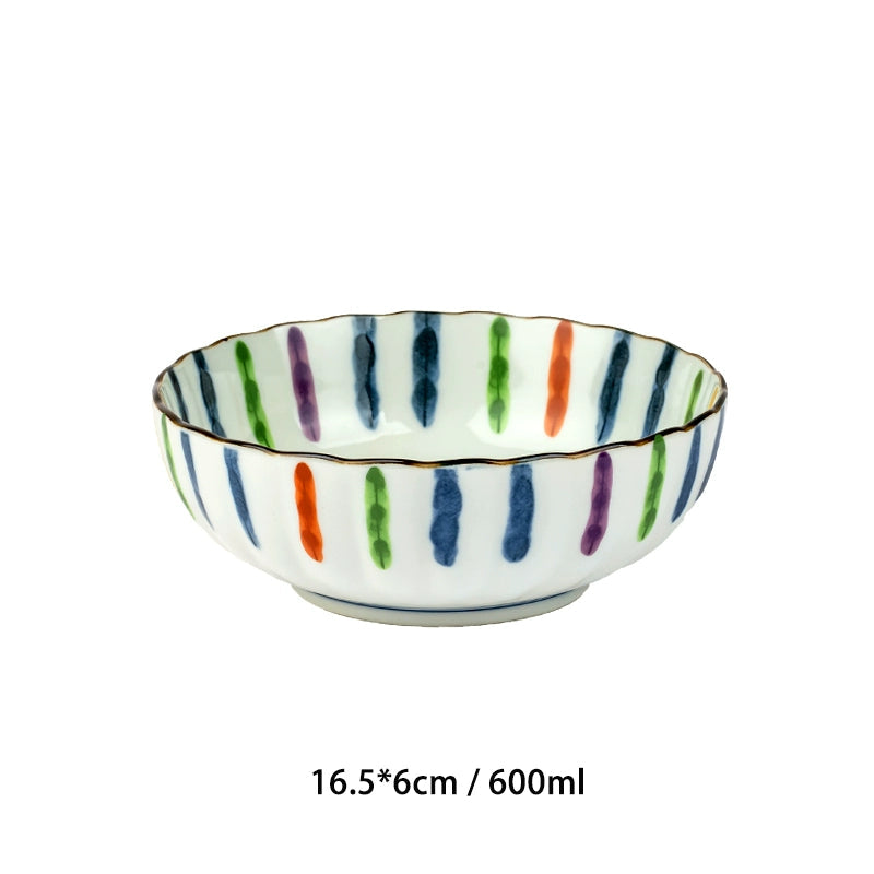Ceramic Japanese dinnerware bowl with colorful vertical stripes.