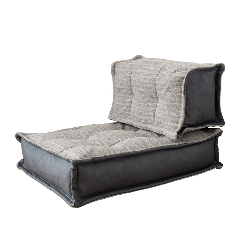 Modern Minimalist Floor Sofa, grey striped fabric & faux leather, comfortable seating.