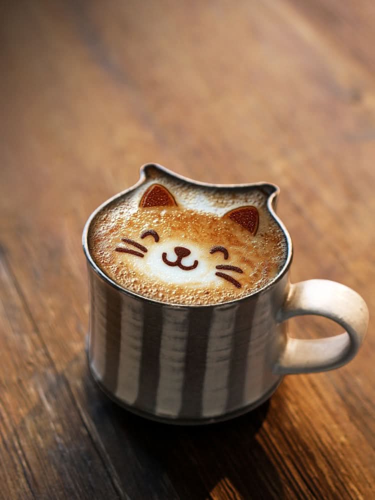 Rustic coffee cup with cat-shaped latte art on wooden table. Unique & stylish.