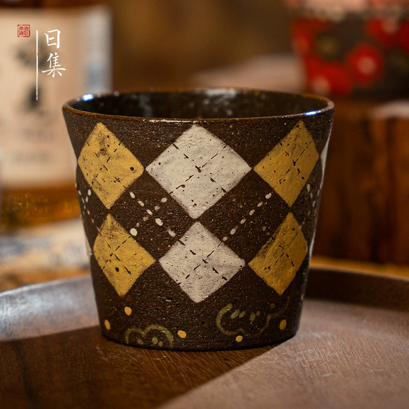 Traditional Japanese hand-painted ceramic cup with argyle pattern, decorative tea cup gift.