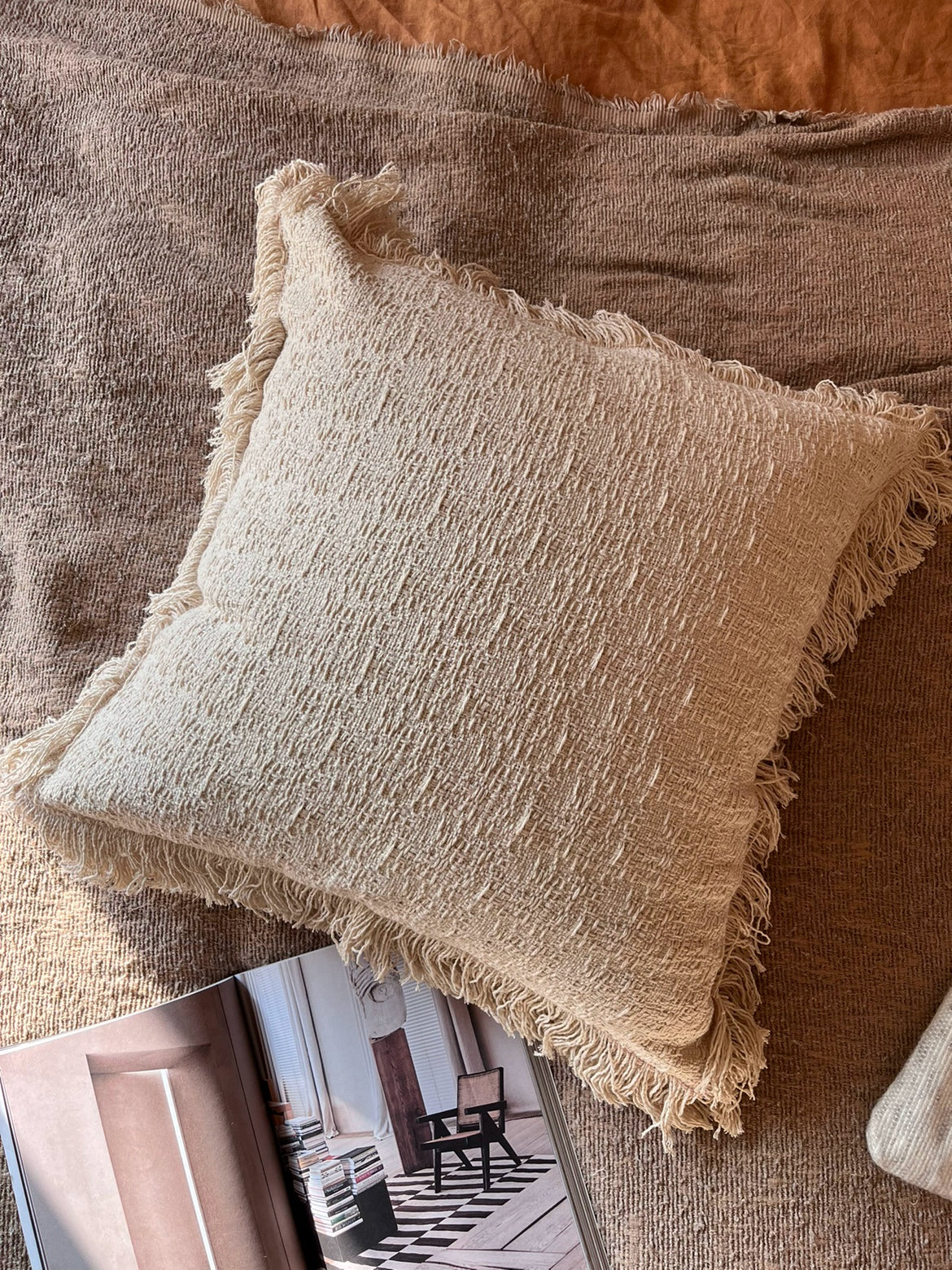 Beige woven throw pillows with fringes, set of 2, on a textured brown surface.