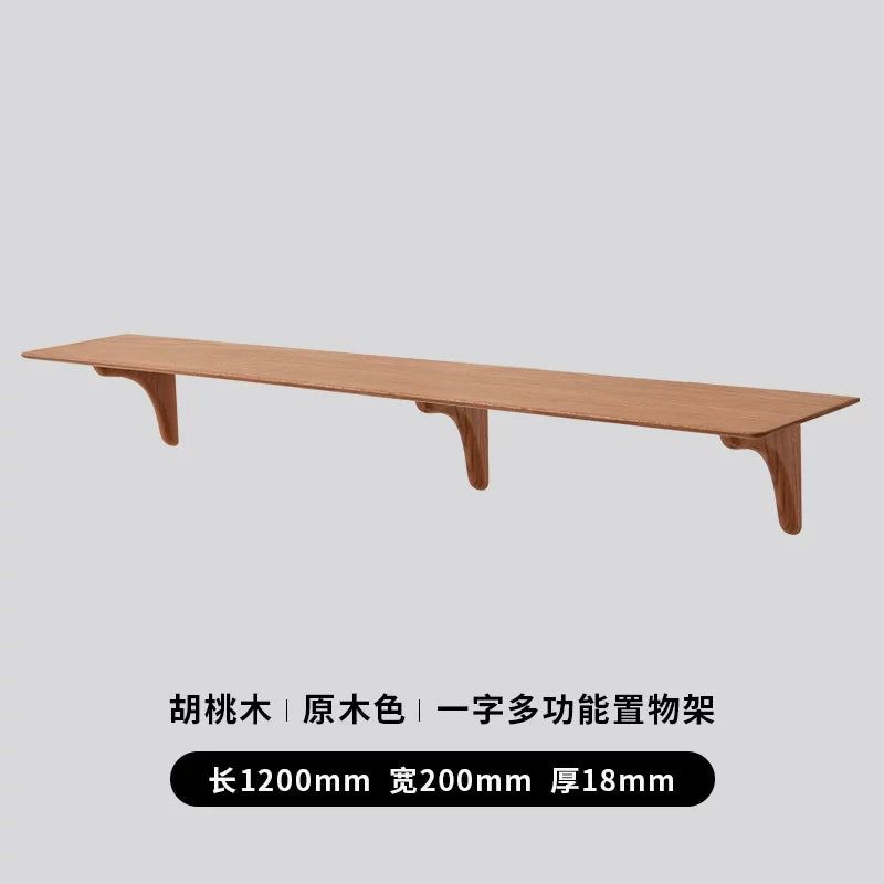 Long walnut wood floating shelf, 1200mm long, 200mm deep, 18mm thick, with three supports.