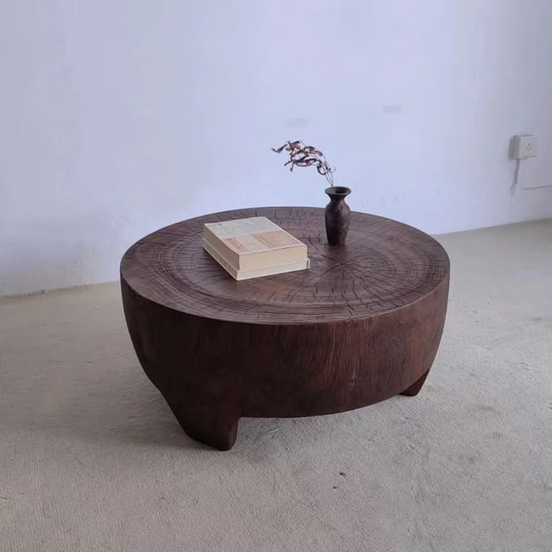 Raw Wood Coffee Table - rustic, unique, dark brown wood table with books & vase