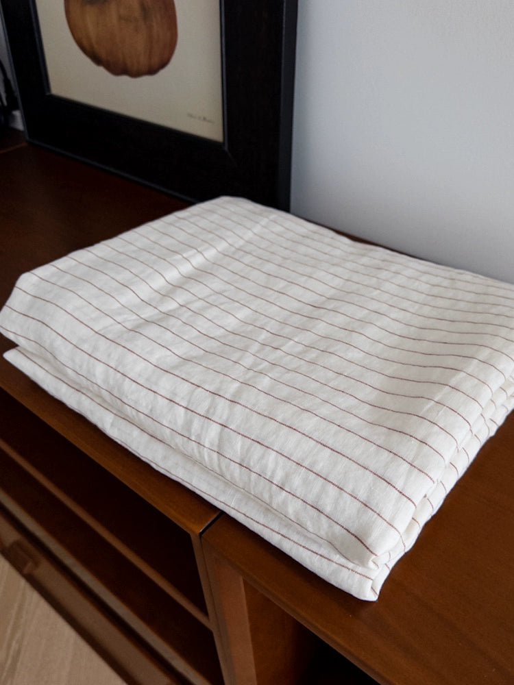French Linen Striped Bedding Set: white with thin red stripes, natural texture.