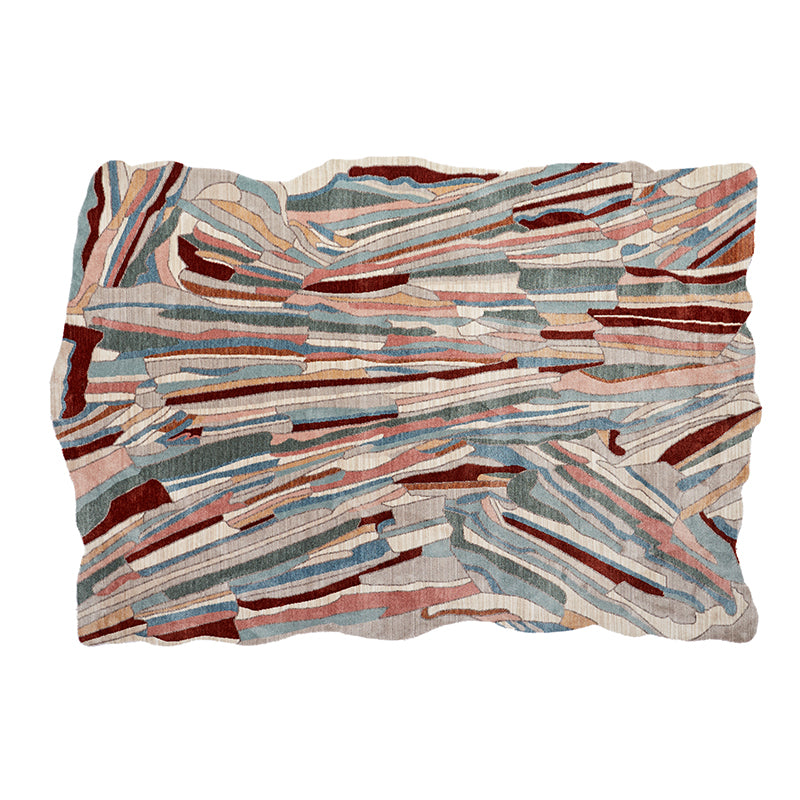 Unique abstract rug with muted earth tones, blues, and rust hues, perfect for fall/winter living rooms.