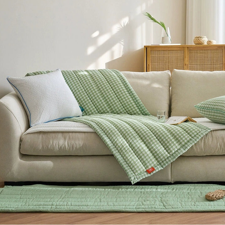 Green gingham sofa protector and rug set.  Quilted design, light beige sofa, matching rug. Cozy living room decor.