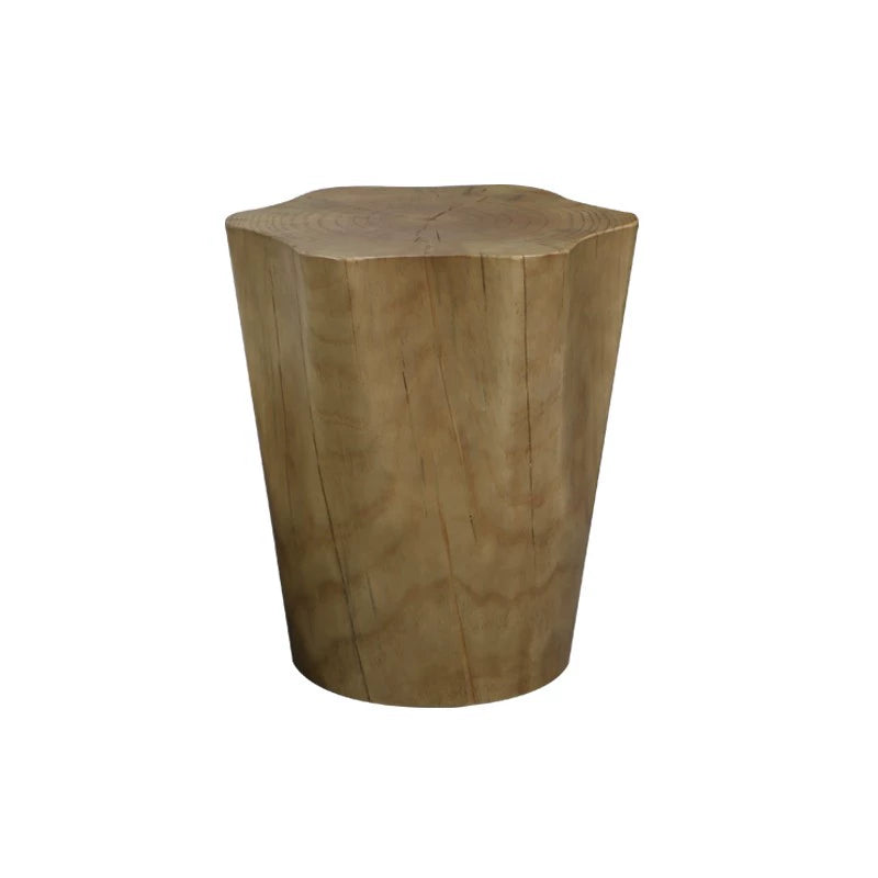 Light beige wooden log side table, natural wood grain, unique shape.