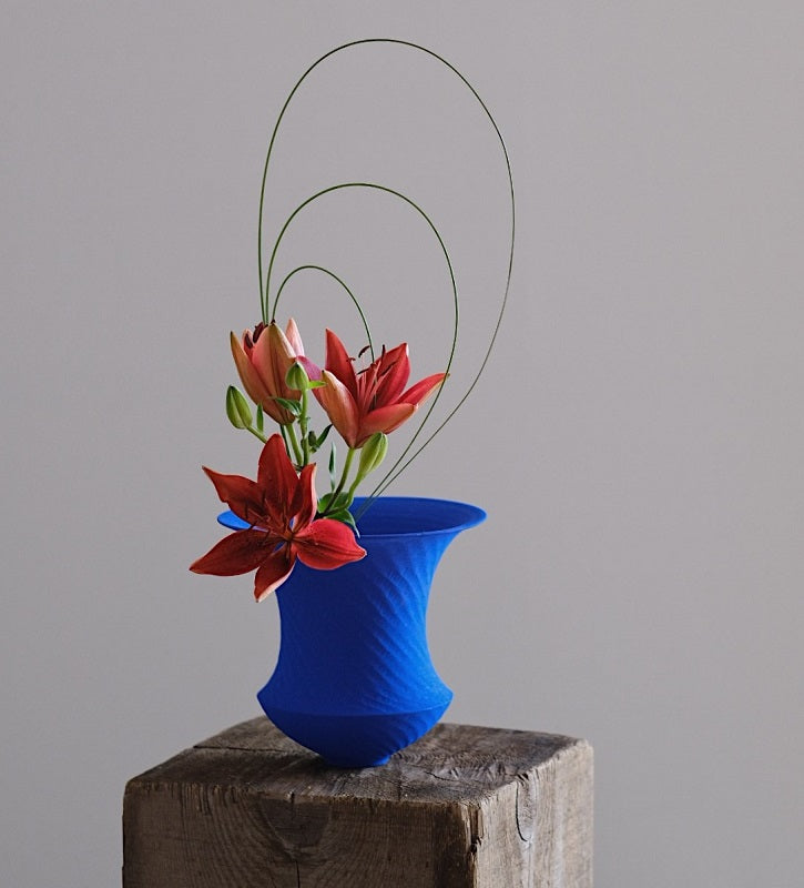Klein Blue Flower Vase - Handcrafted ceramic vase with red lilies and green stems, home decor.