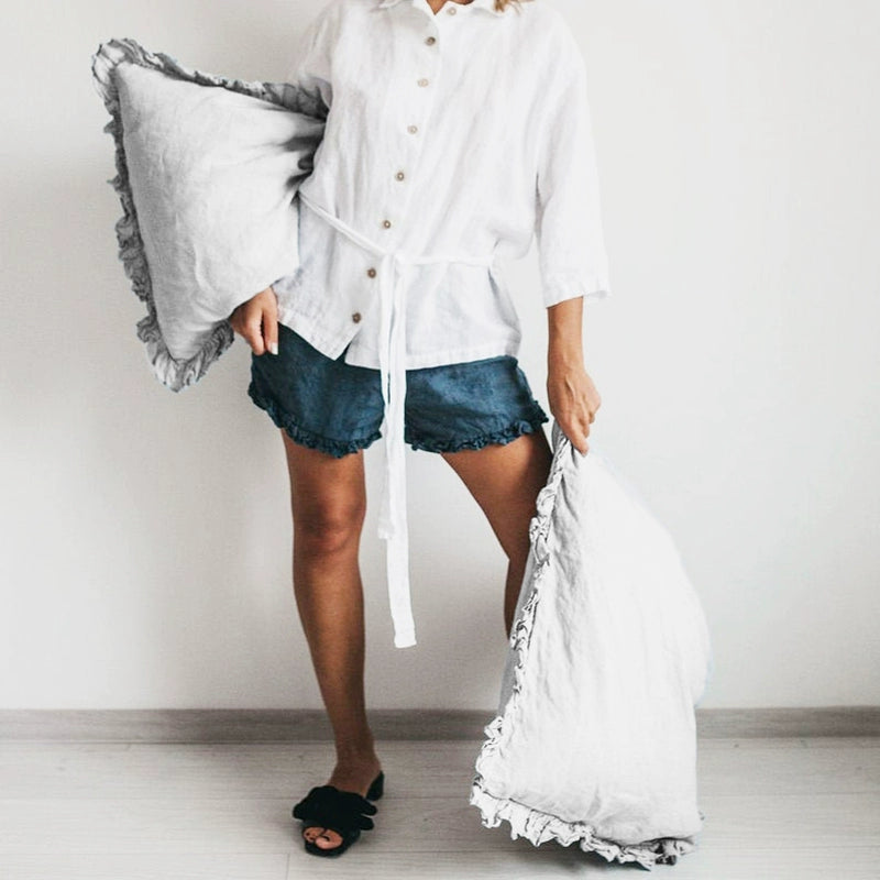 Set of 2 Rustic Linen Pillowcases with Frills, light grey, textured linen fabric