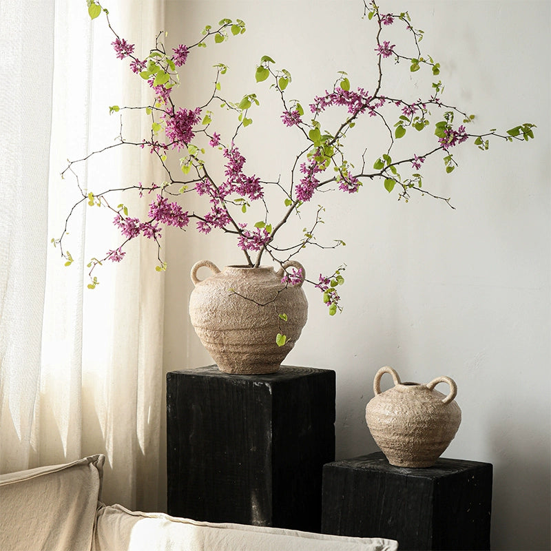 Rustic Ceramic Vase with Handles, decorative pottery, beige, handcrafted home decor with pink flowers.