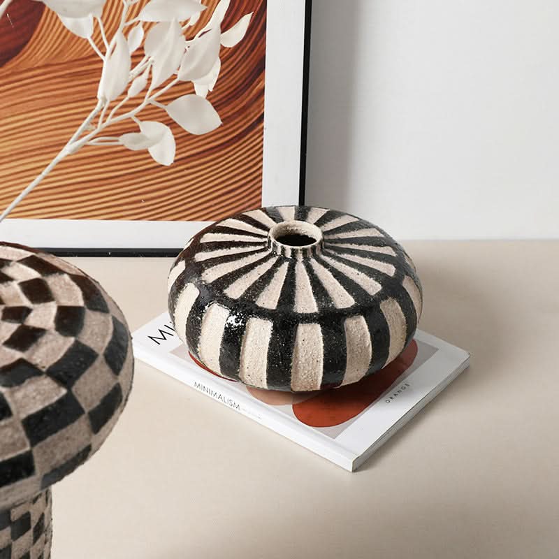 Wabisabi retro handpainted ceramic flower vase, black & white striped, home decor accent.