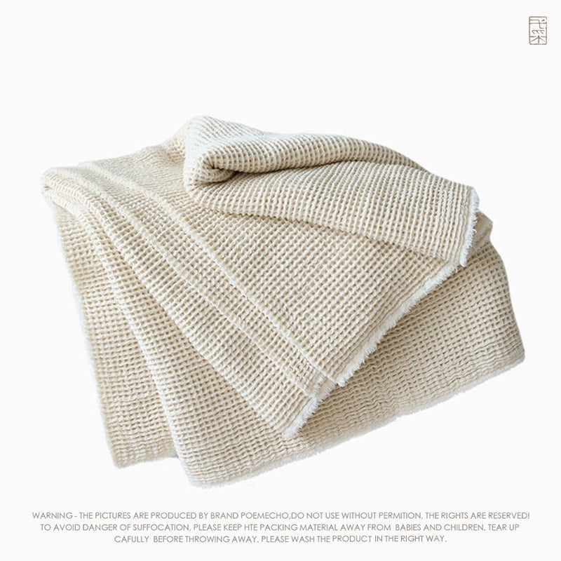 Cozy waffle knit linen throw blankets in beige and gray, set of 2.