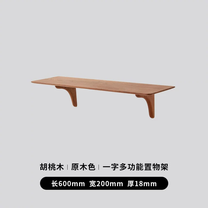 Walnut wood floating shelf, 600mm long, highlighting its sleek, extended form.