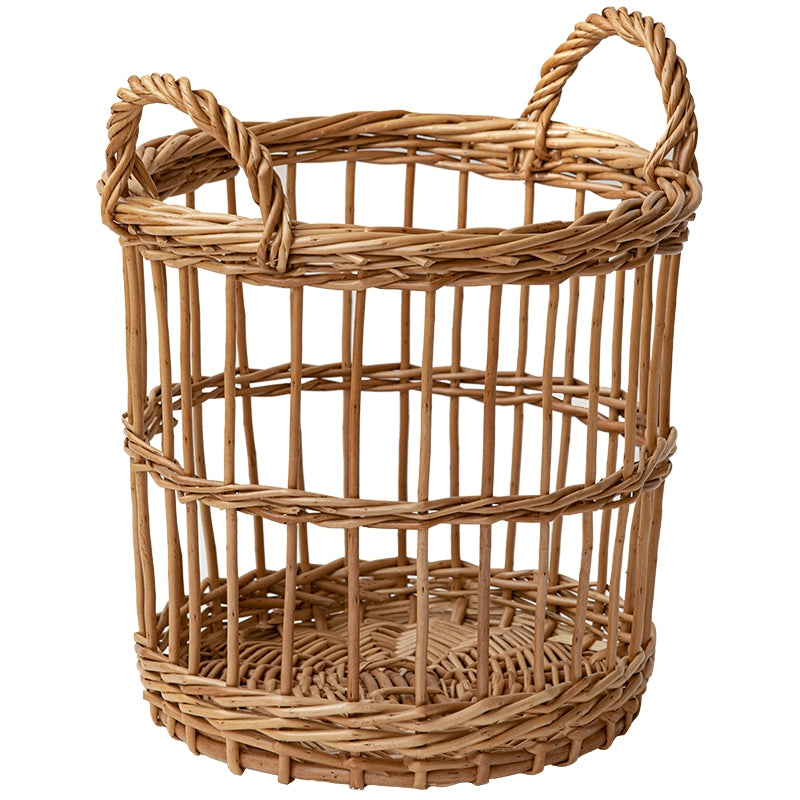 Round woven wicker basket with handles, natural wicker storage for home decor.