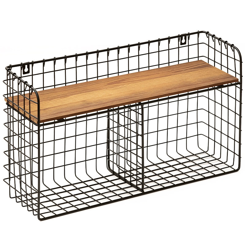 Black metal wire wall shelf with wooden top, double tiered kitchen organizer.