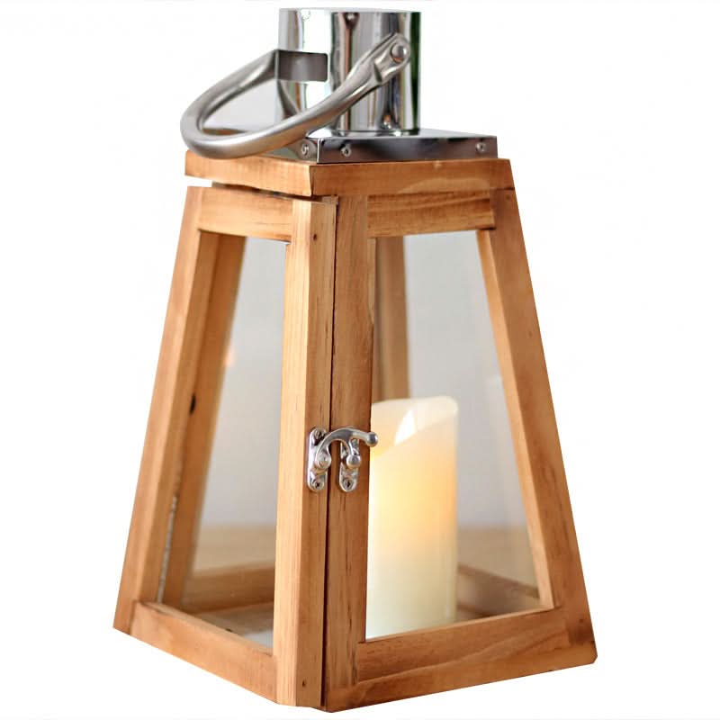 Rustic wooden lantern with glass panels and a metal handle, featuring a warm LED candle.