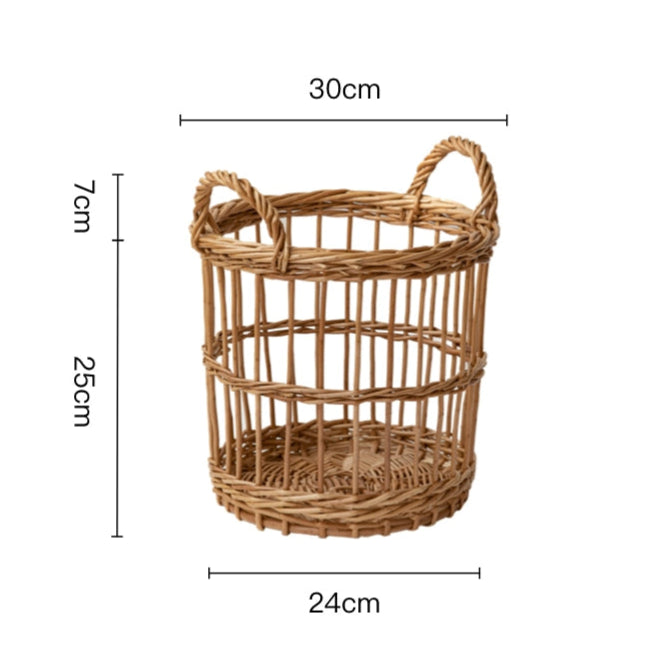 Round woven wicker basket with handles, natural storage basket for home decor.