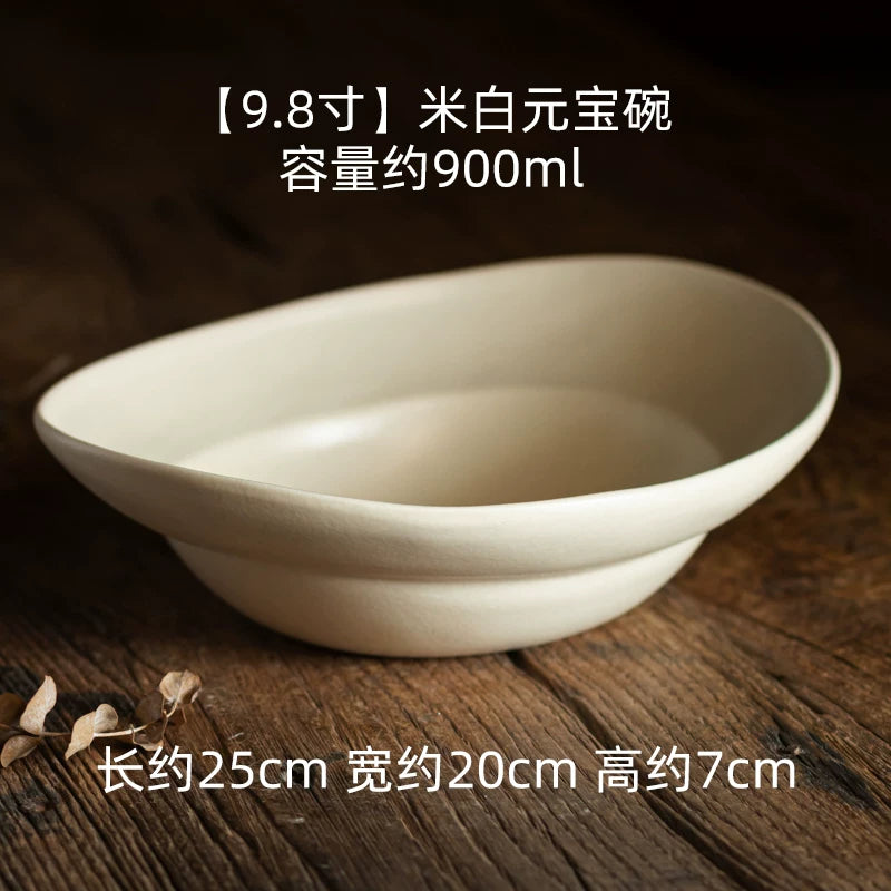9.8-inch rice white Yuanbao bowl, capacity 900ml, smooth oval shape on wood.