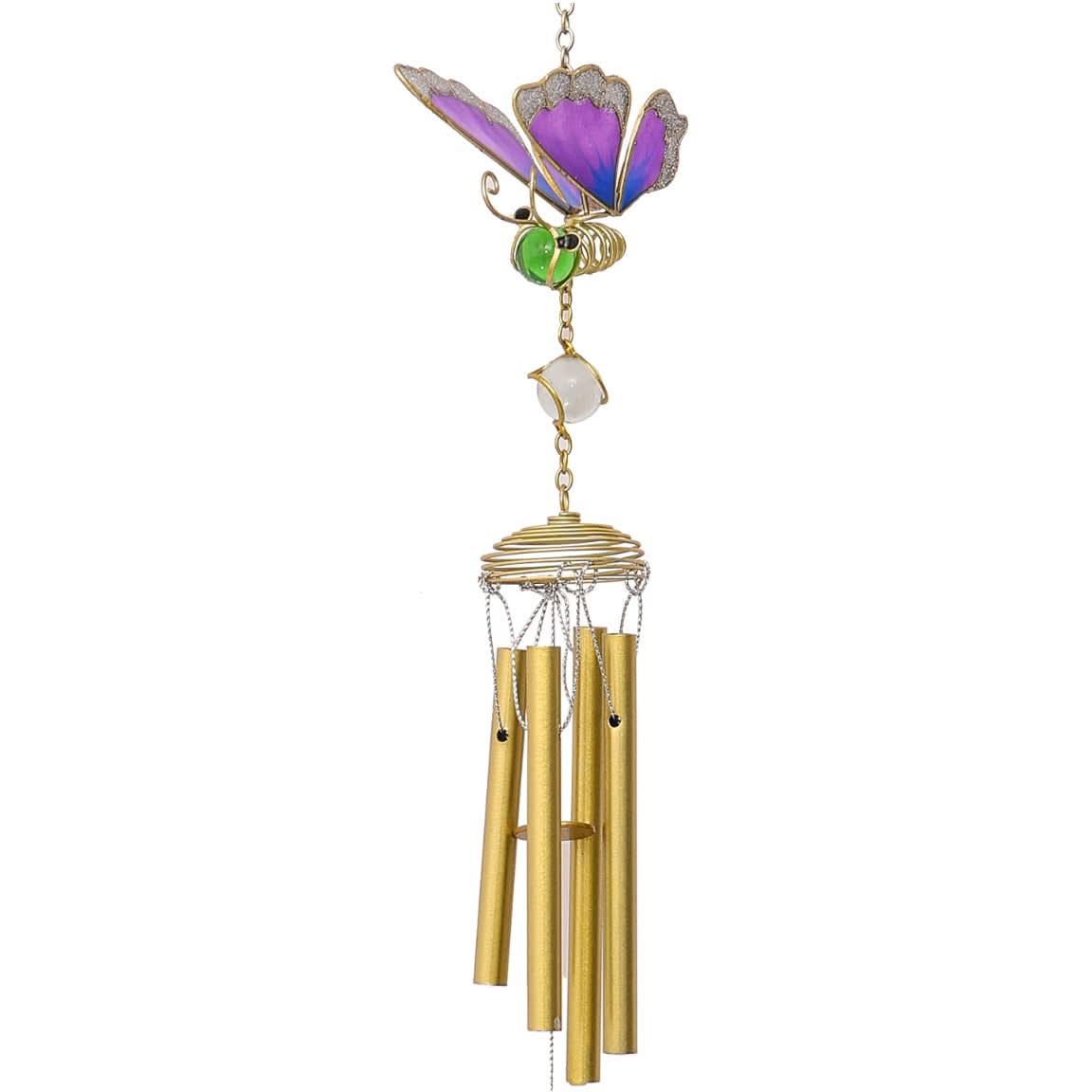 Purple butterfly wind chime with gold tubes, green bead, and clear crystal accent.