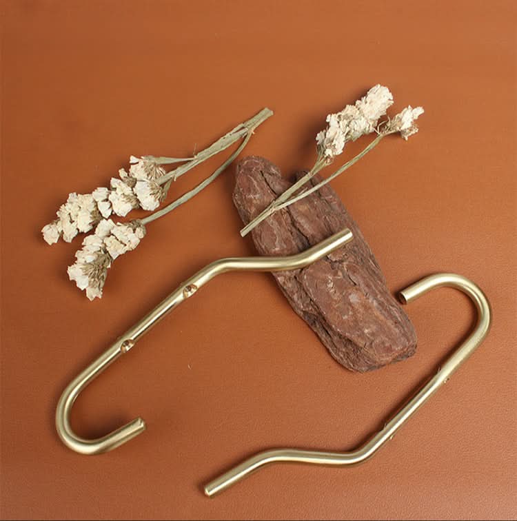 Minimalist brass wall hooks with white dried flowers on brown background.