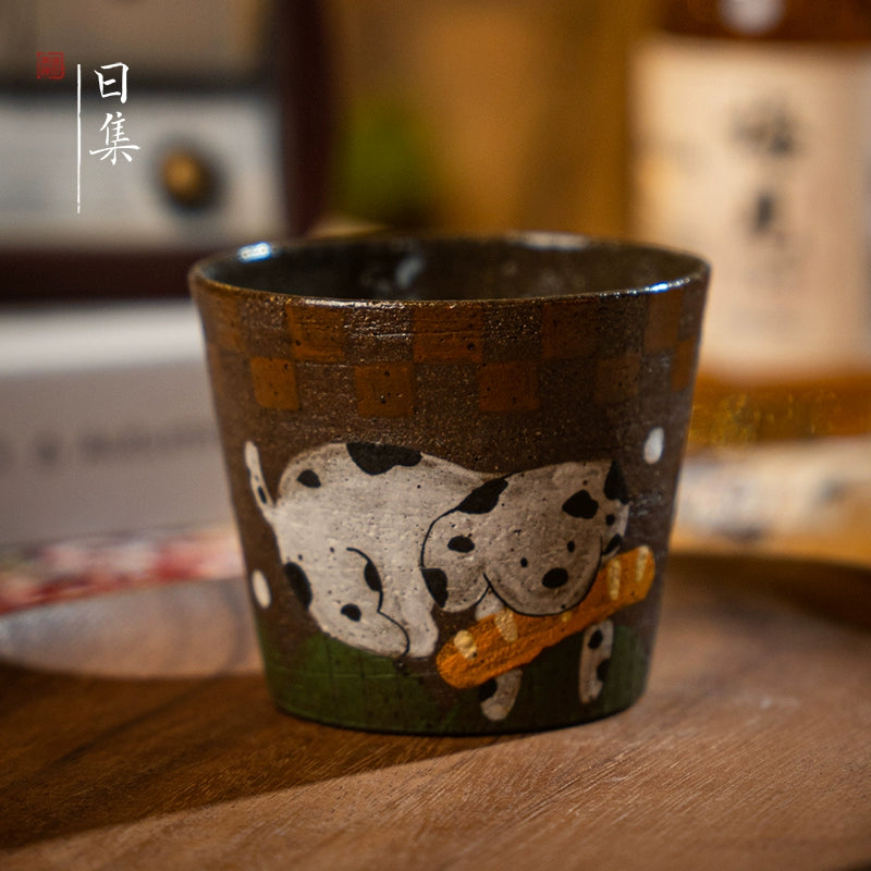 Traditional Japanese Hand-Painted Ceramic Cup with dog design, brown & white