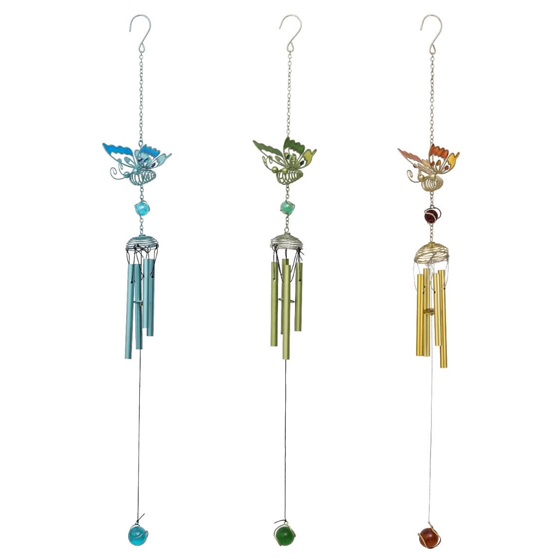 Blue, green, and orange butterfly wind chimes with metal tubes and glass beads. Home Decor.
