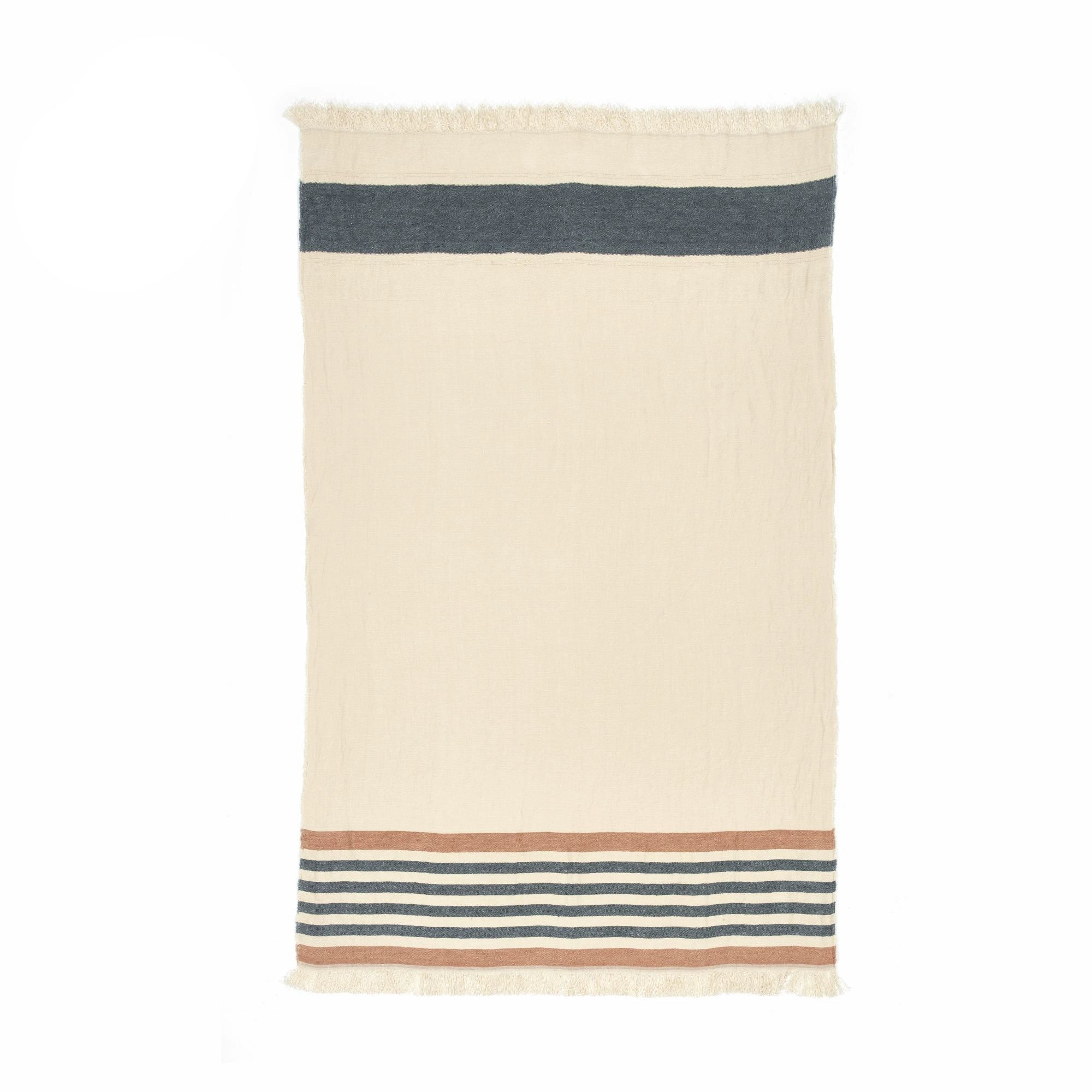 Cozy Striped Linen Throw Blanket: cream with navy and rust stripes, fringed edges.
