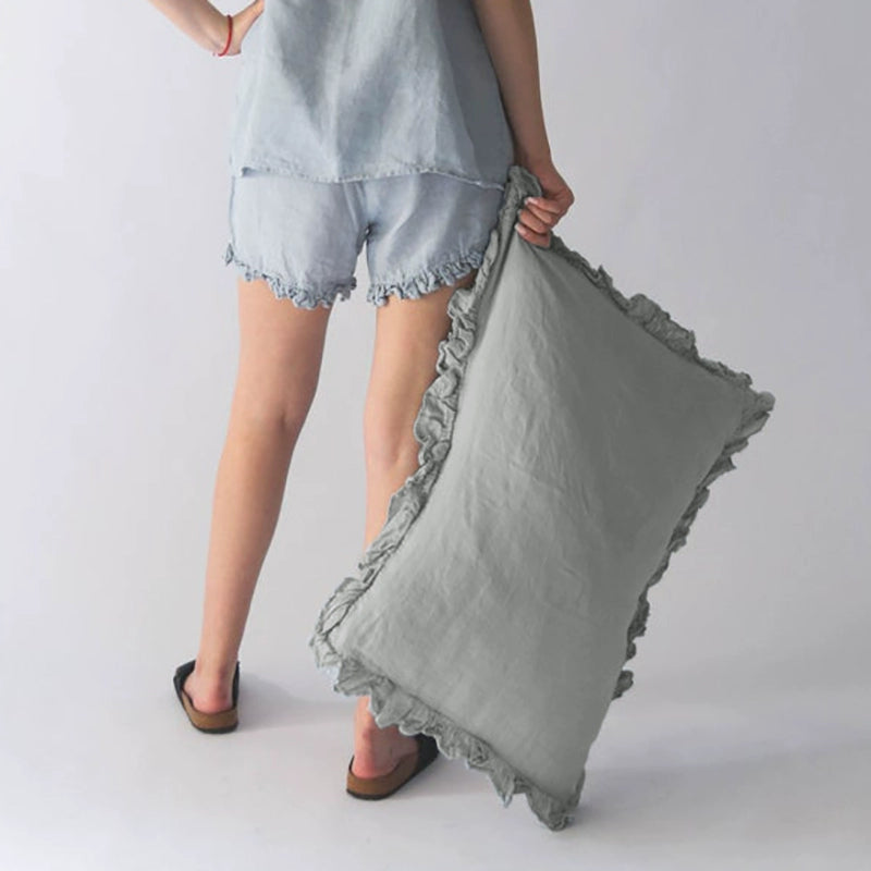 Rustic linen pillowcases with frills, light gray, set of 2.