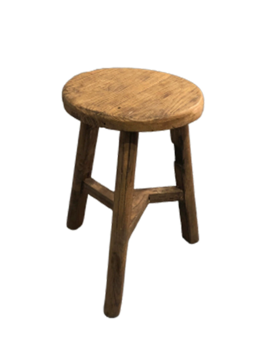 Rustic wooden stool, round top, three simple legs, light brown tone, antique style.