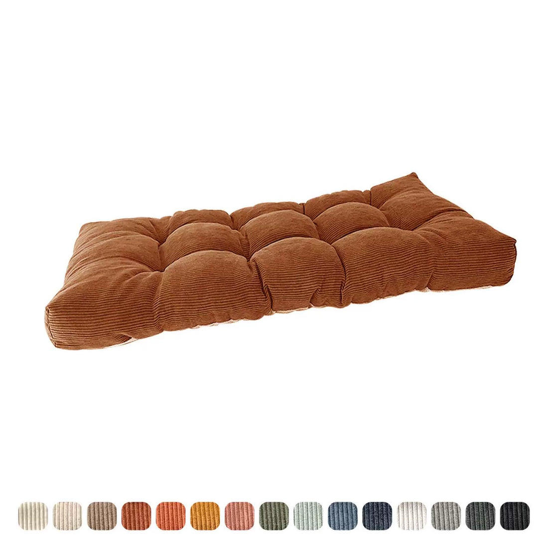 Deep orange corduroy tufted floor cushion, angled view, shown with multiple color swatches.